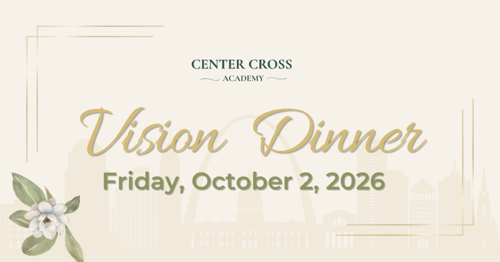 Invitation for Center Cross Academy Vision Dinner on Friday, October 2, 2026, with soft floral decoration and a city skyline in the background.